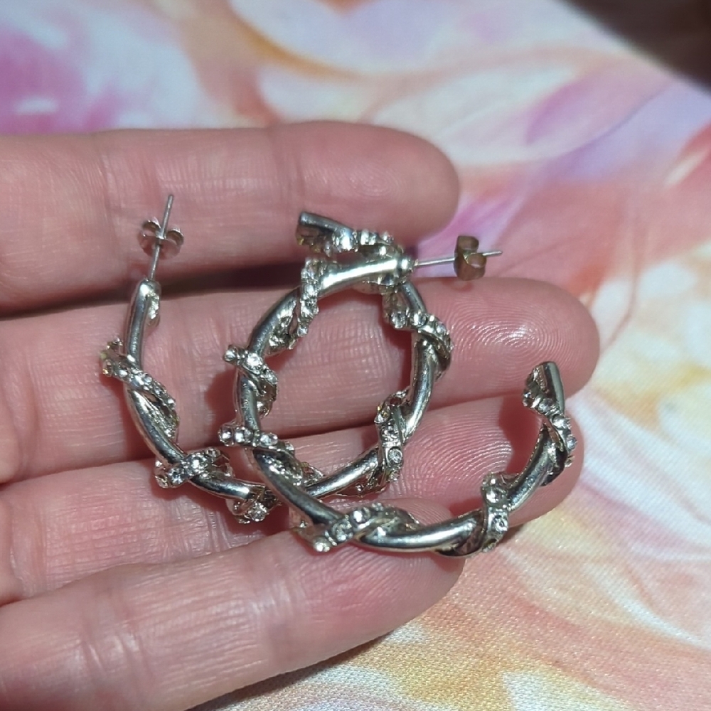 Silver Sparkly Rhinestone Hoop Earrings - Picture 7 of 10
